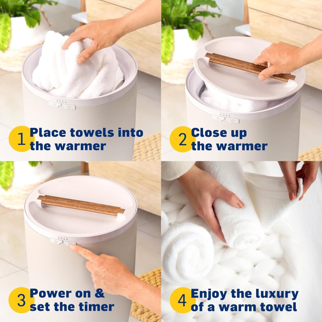 A four-step instruction guide for using the LiveFine towel warmer