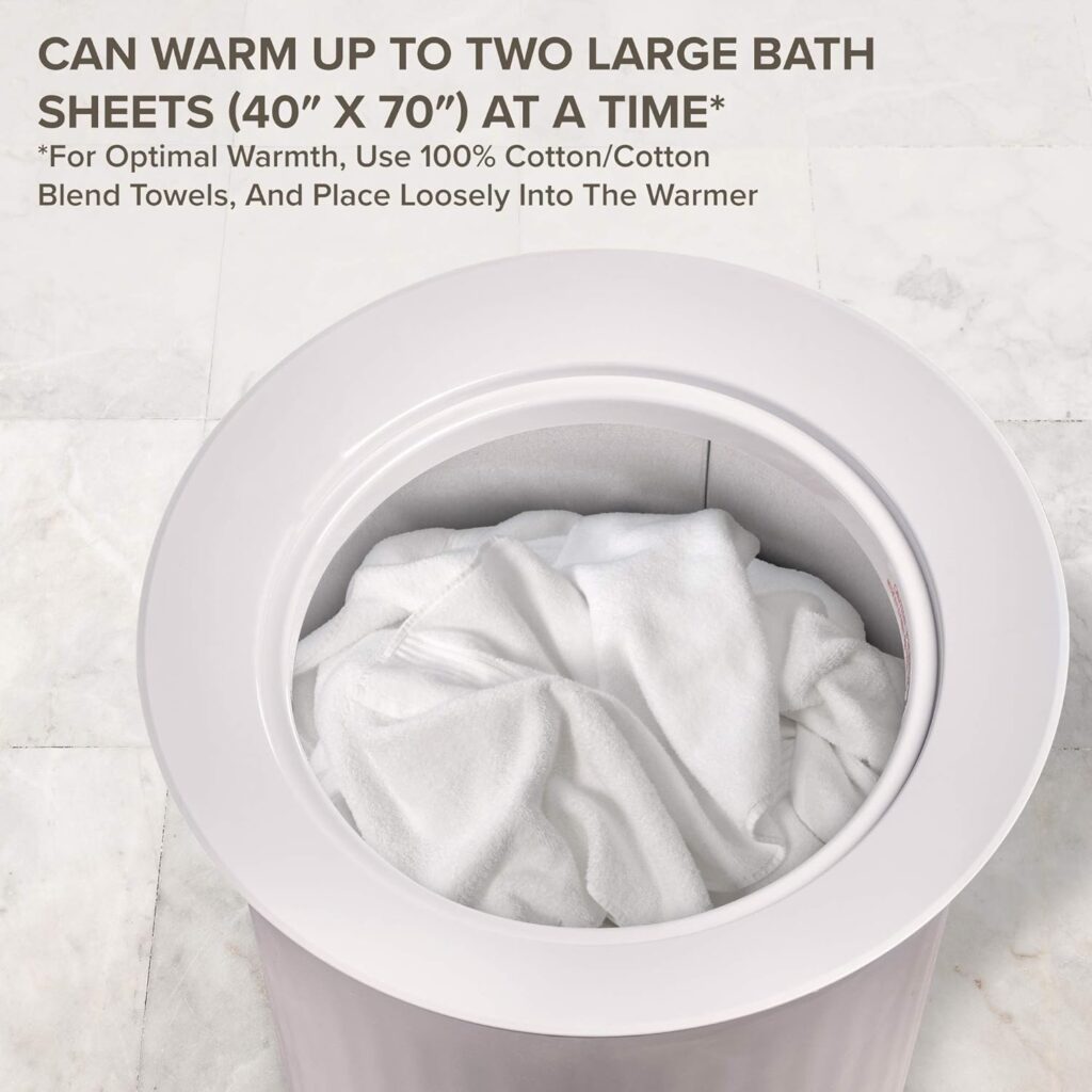 A white LiveFine towel warmer bucket filled with loosely folded white cotton towels